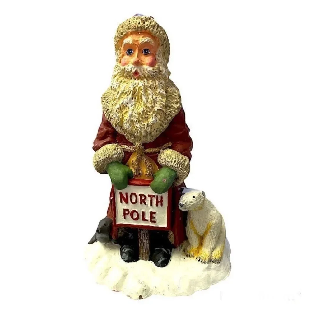 Vintage Hand painted and signed Santa & Polar bear, Bill Davis 1997 Pecan Resin
